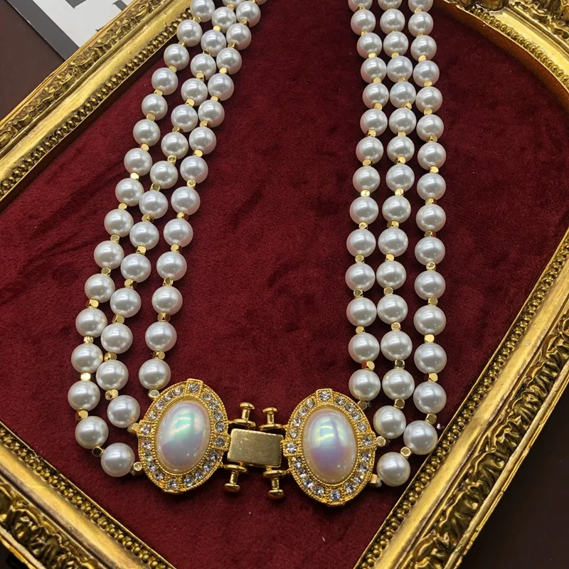 Vintage Medieval Women's Jewelry for Girl Gold Plated Multi Layer Baroque Pearl Necklace Boutique Wedding Evening Dress