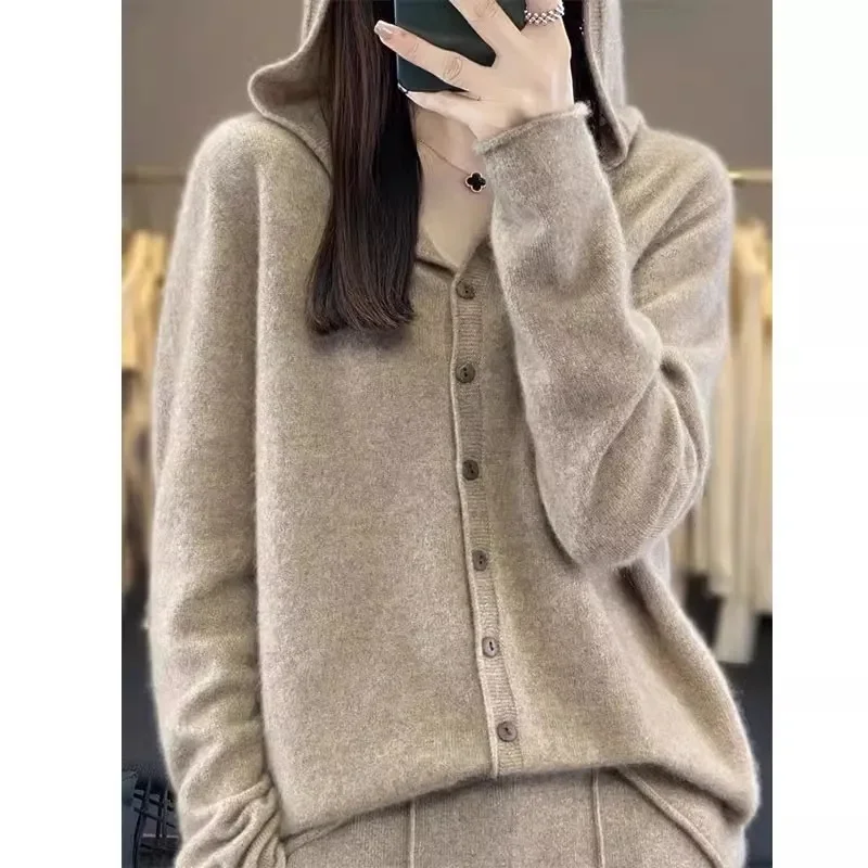 Women's Sweaters 100% Merino Wool Knitted Cardigan Autumn And Winter Hoodie Loose Sweater Fashionable Versatile Coat Top
