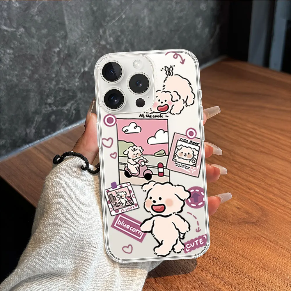 Fashion Motorcycle White Dog Travel Phone Case for iPhone 11 12 13 14 15 16 Max Pro Plus Transparent Soft Shell