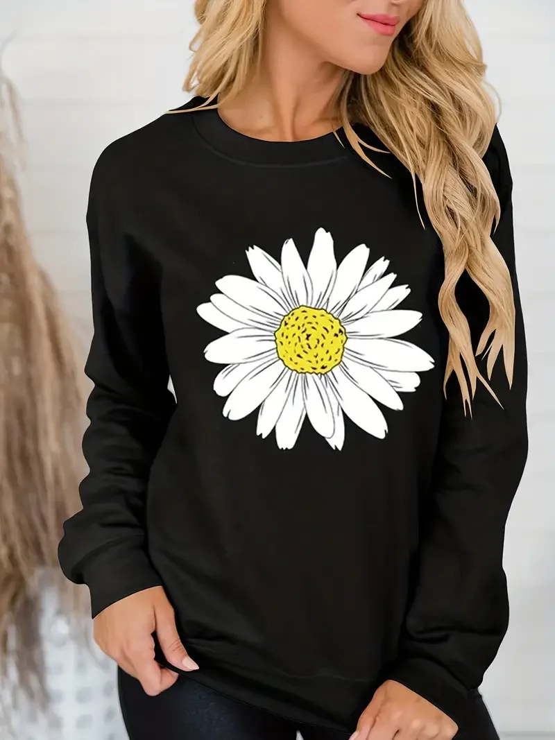 Daisy Print Sweatshirt, Casual Long Sleeve Crew Neck Sweatshirt For Spring & Fall, Women's Clothing