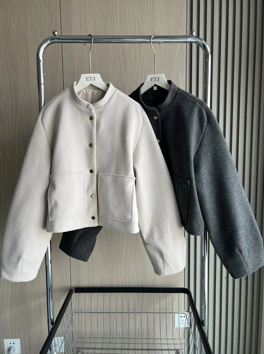 

New Women 3D Cut Loose Fit Long Sleeve Short Bomber Jacket Coat with Patch Pockets Y2K Vintage Casual Outerwear