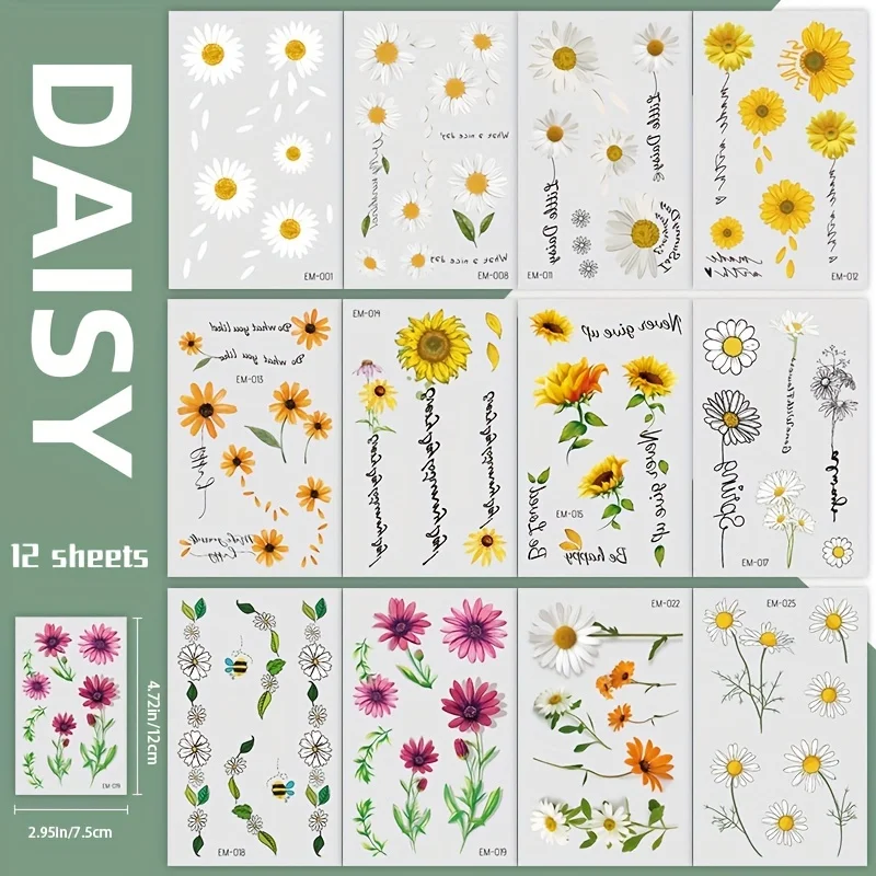 12 Daisy temporary tattoos for women. Flower fake tattoo body art sticker, waterproof and long-lasting, suitable for arms, hands