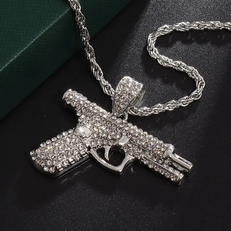 Bling Iced Out Pistol Pendant Submachine Gun Necklace Men Personality Hip Hop Rock Punk Cool Street Party Jewelry Gift