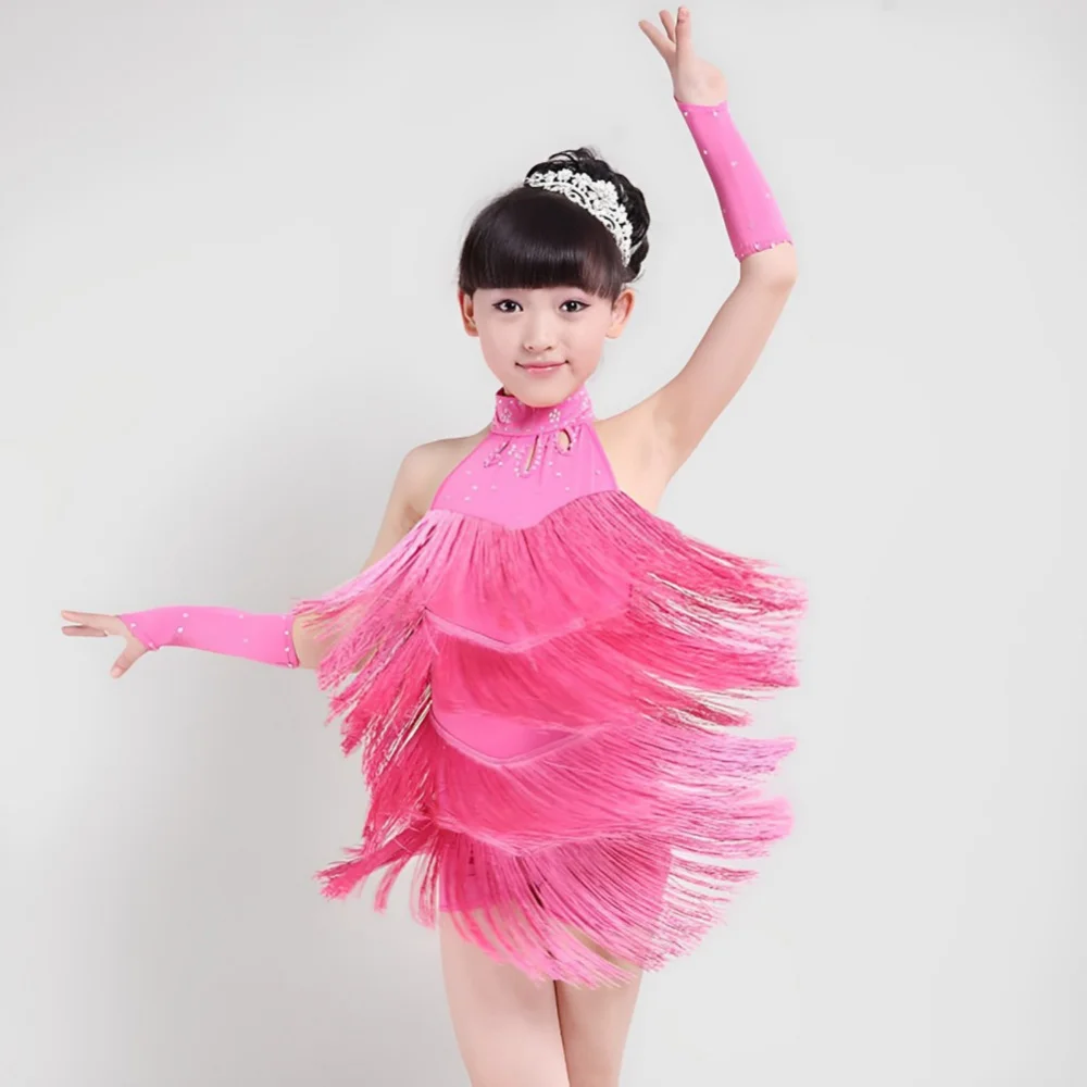 Latin Dance Dress for Girls 3-15Y Solid Tassel Dancing Dress Kids High Quality Professional Competition Suit Tango Costume