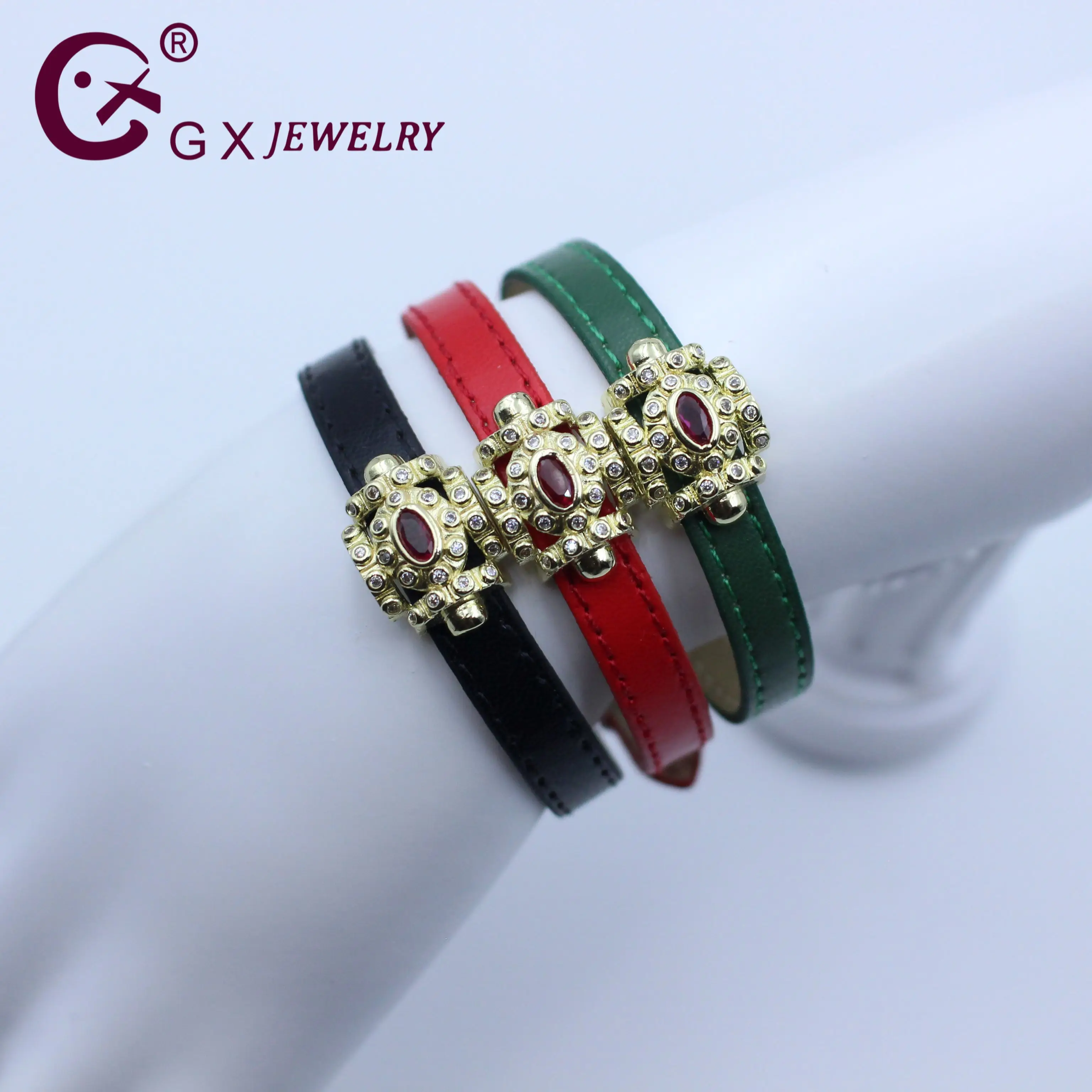 GUANXI Colourful Gemstone Leather Female Sweet Inlaid Zircon Cool Spicy Girl Red Green Black Wristbands Temperament Bracelet