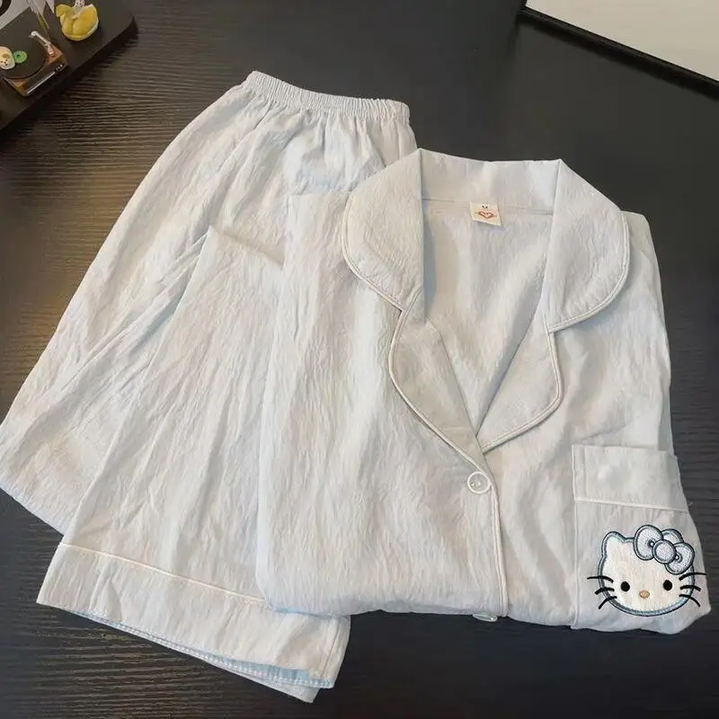 

Комплект пижамы Sanrio Kitty из чистого хлопка, женская домашняя одежда, японский узор «Облака», с длинными рукавами и длинными брюками, всесезонная одежда для сна