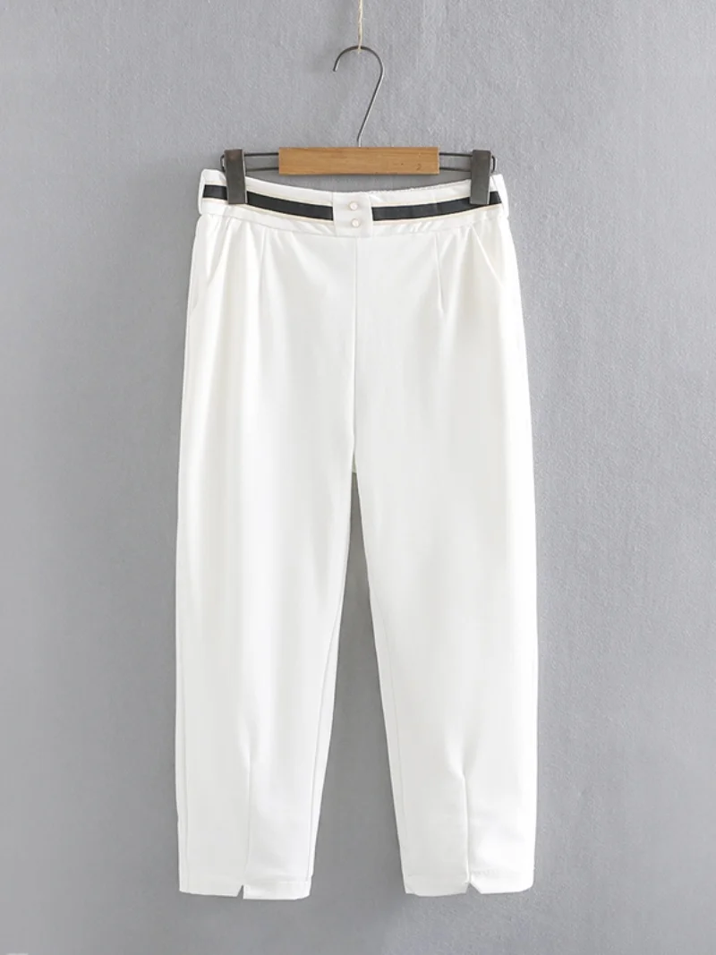 High Waist Casual Pants for Women Summer 2023 Korean Style Big Size Cuffed Double Buckle Straight Leg Seven-Foot Pants