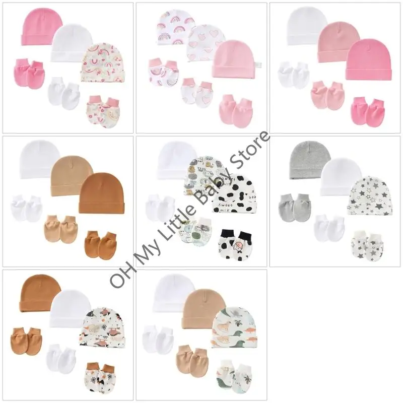

M76C 3 Set Cotton Newborns Baby Hat and Mittens Comfortable Fit Multiple Color Option