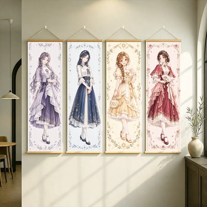 Anime Women in Purple, Navy, Gold and Burgundy Dresses Hanging Scroll with Elegant Floral Borders for a Quiet Bedroom