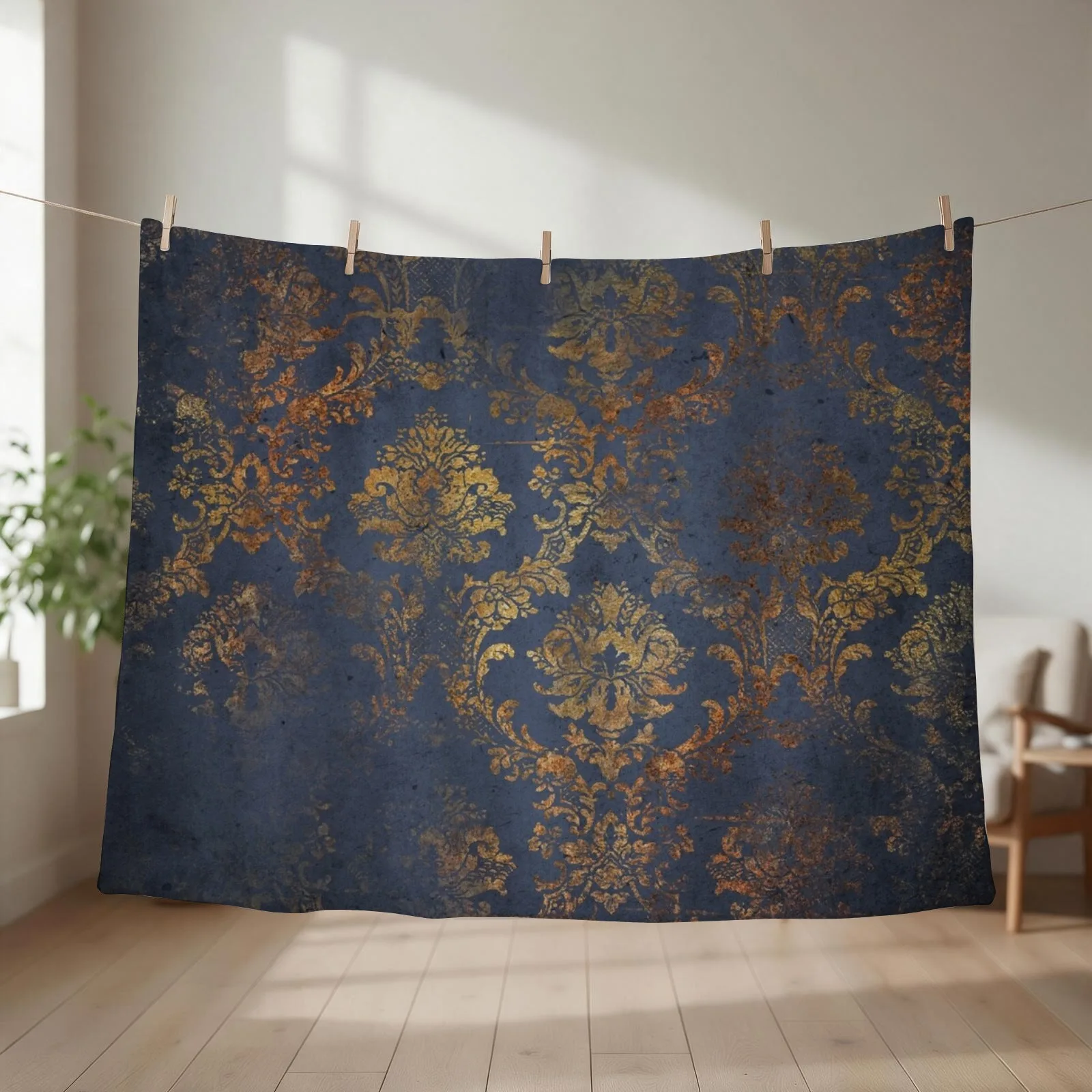 Elegant Dark Blue and Grunge Gold Damask Pattern Throw Blanket couch cozy soft plush fuzzy picnic outdoor blanket