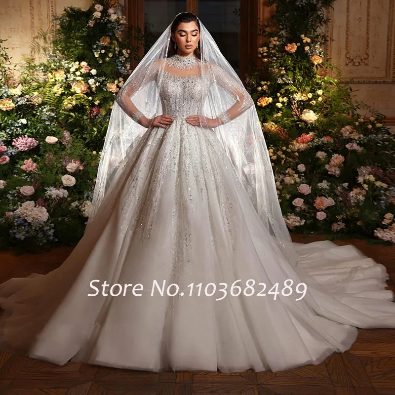 Robe De Mariage O-Neck Long Sleeve Ball Gown Wedding Dresses Sequined Beading Trouwjurk Illusion Back Luxury Vestidos Novia