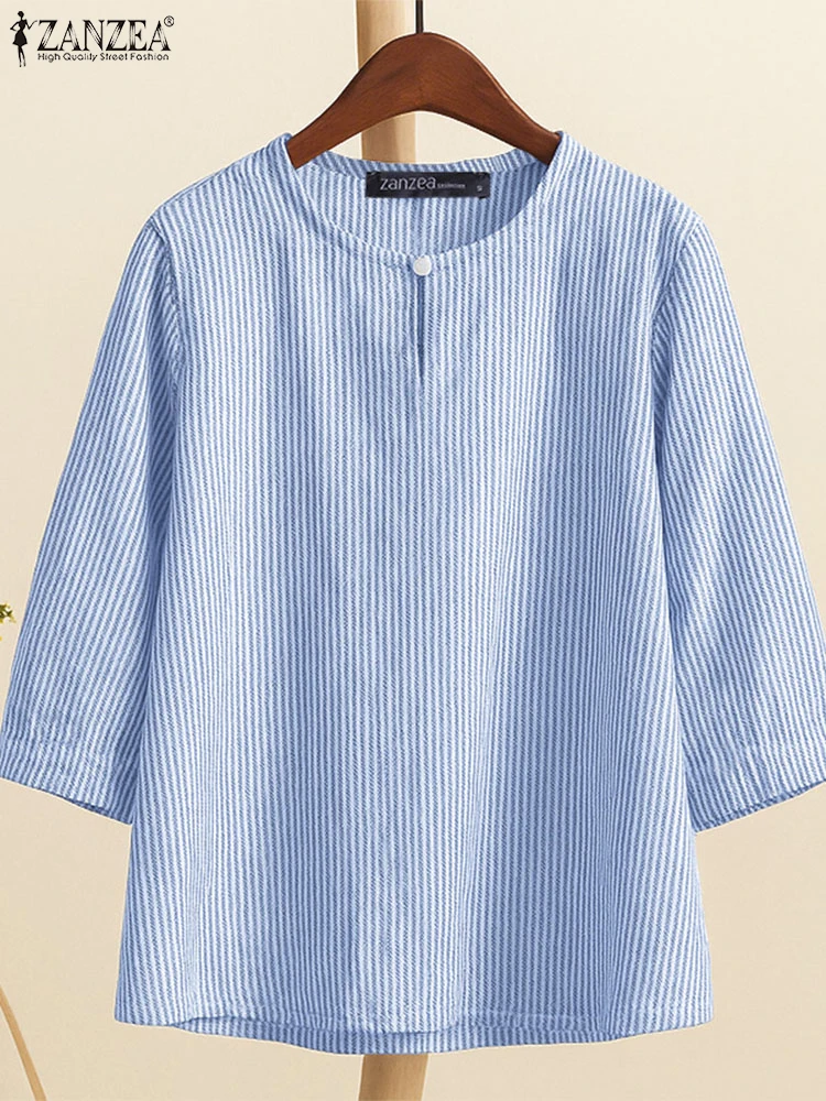 2025 ZANZEA Autunno Camicetta a righe Donna Camicie da lavoro eleganti Casual Scollo a V Camicia a maniche 3/4 O Collo Allentato Magliette e camicette Blusas Mujer Femme