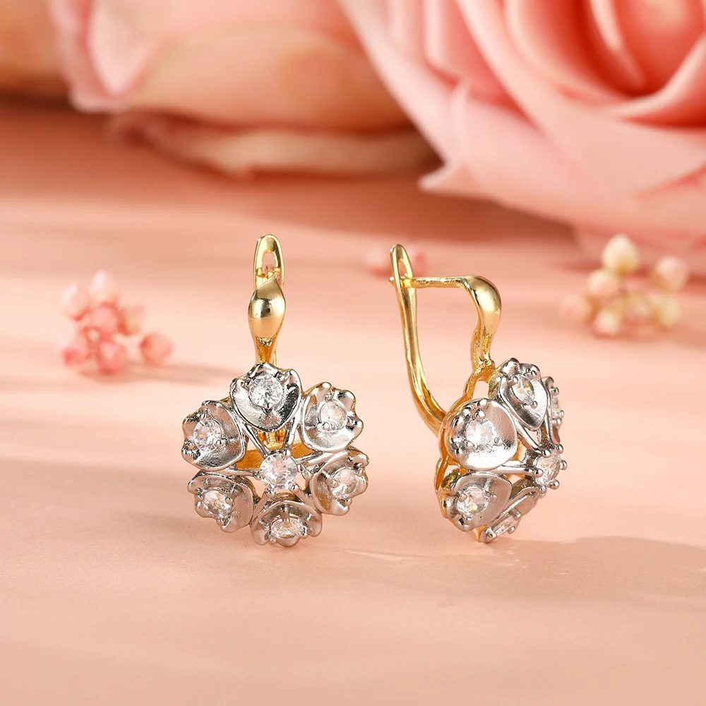 Flower -shaped design two -color vermiculite earrings Copper copper plated 14K gold fashion jewelry elegant party jewelry