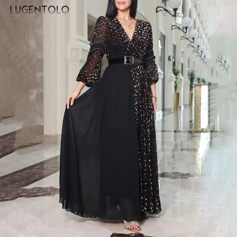 women elegant dress fashion simple party perspective mesh big swing empire gauze v-neck female banquet Cloth Belt not included