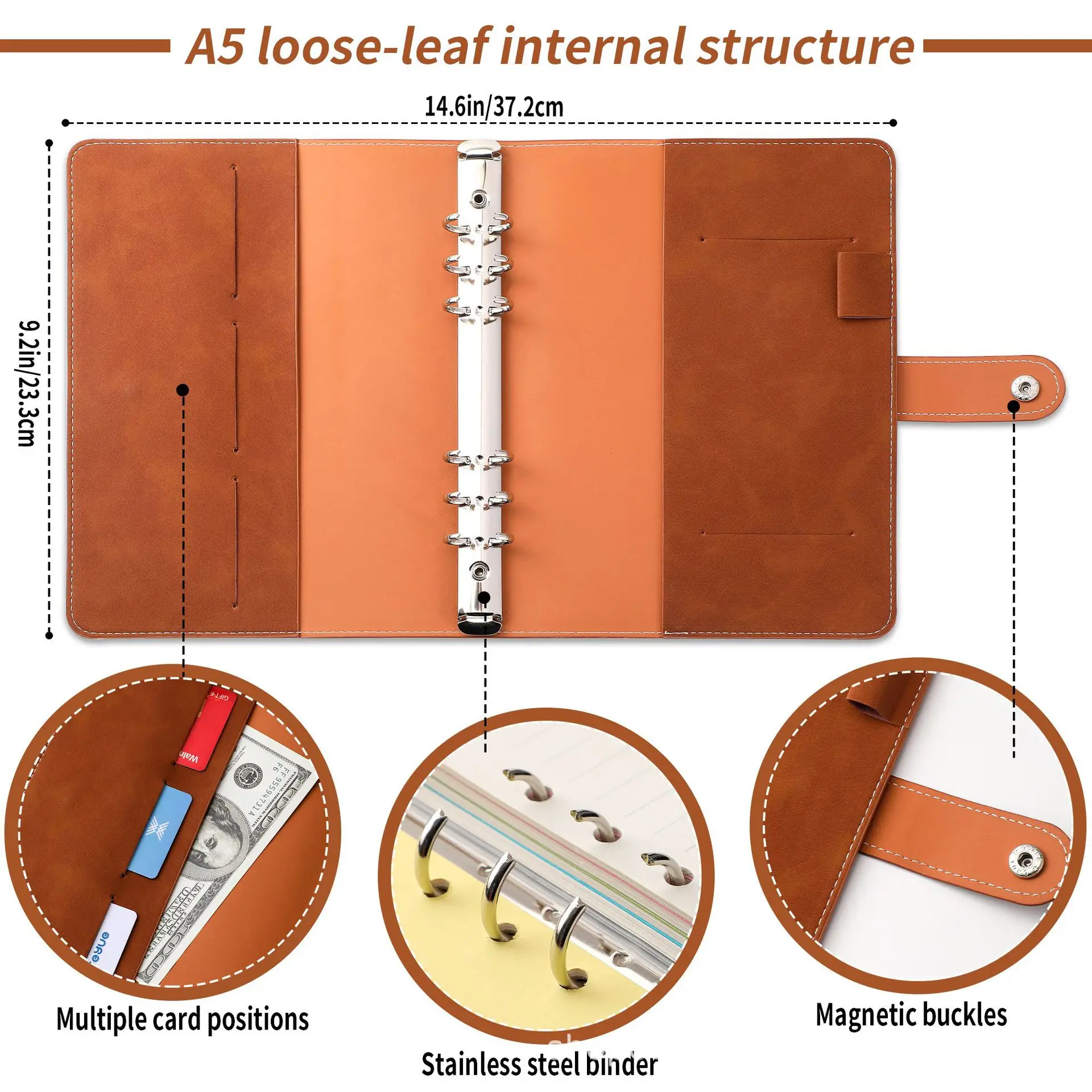 A5 A6 A7 PU Leather Notebook Binder, Refillable 6 Round Ring Binder Cover for A5 Filler Paper, Notebook Personal Planner Binder