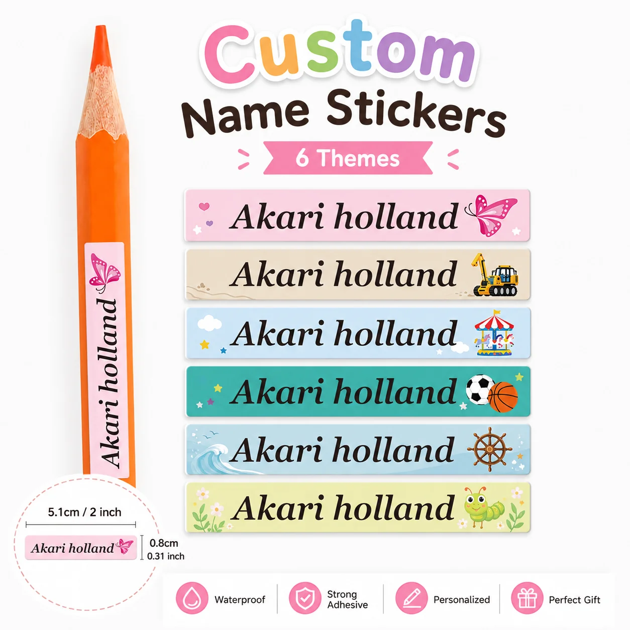 Custom Name Pencil Labels Personalized Waterproof Stickers for Pens Stationery Bottles Lunch Boxes, 6 Cute Themes