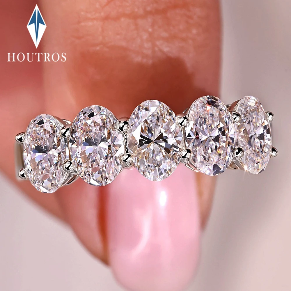 2.5cttw 5 Stone Oval Cut Full Moissanite Ring for Women 4x6mm Lab Diamond Half Eternity Wedding Band 925 Sterling Silver Jewelry