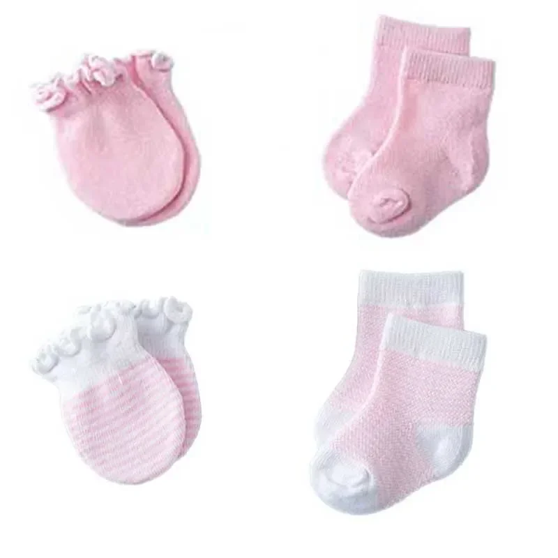 2 Pairs/set Newborn Anti Scratch Gloves + Socks Soft Cotton Face Protection Gloves Foot Cover Set Baby Boys Girls Mittens Sets