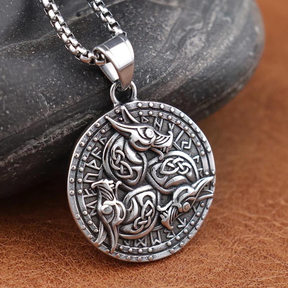 Stainless Steel Trendy Viking Raven Pendant Popular Men's Nordic Odin Rune Necklace Creative Scandinavian Jewelry Gift Wholesale