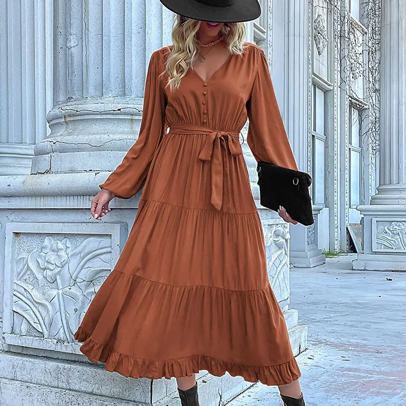 Ladies Long Solid Color Dress Elegant Fashionable 2024 New Autumn Lace Up V-neck Button A-line Long Sleeved Lantern Sleeve Dress