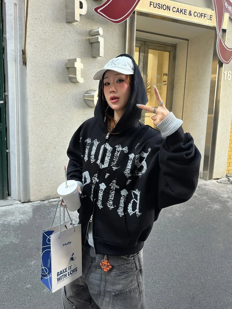 

Retro American Streetwear Faded Letter Print Loose Hoodie Jaet Women's Trendy Autumn Winter New Sle Cotton Long Sve Zi...
