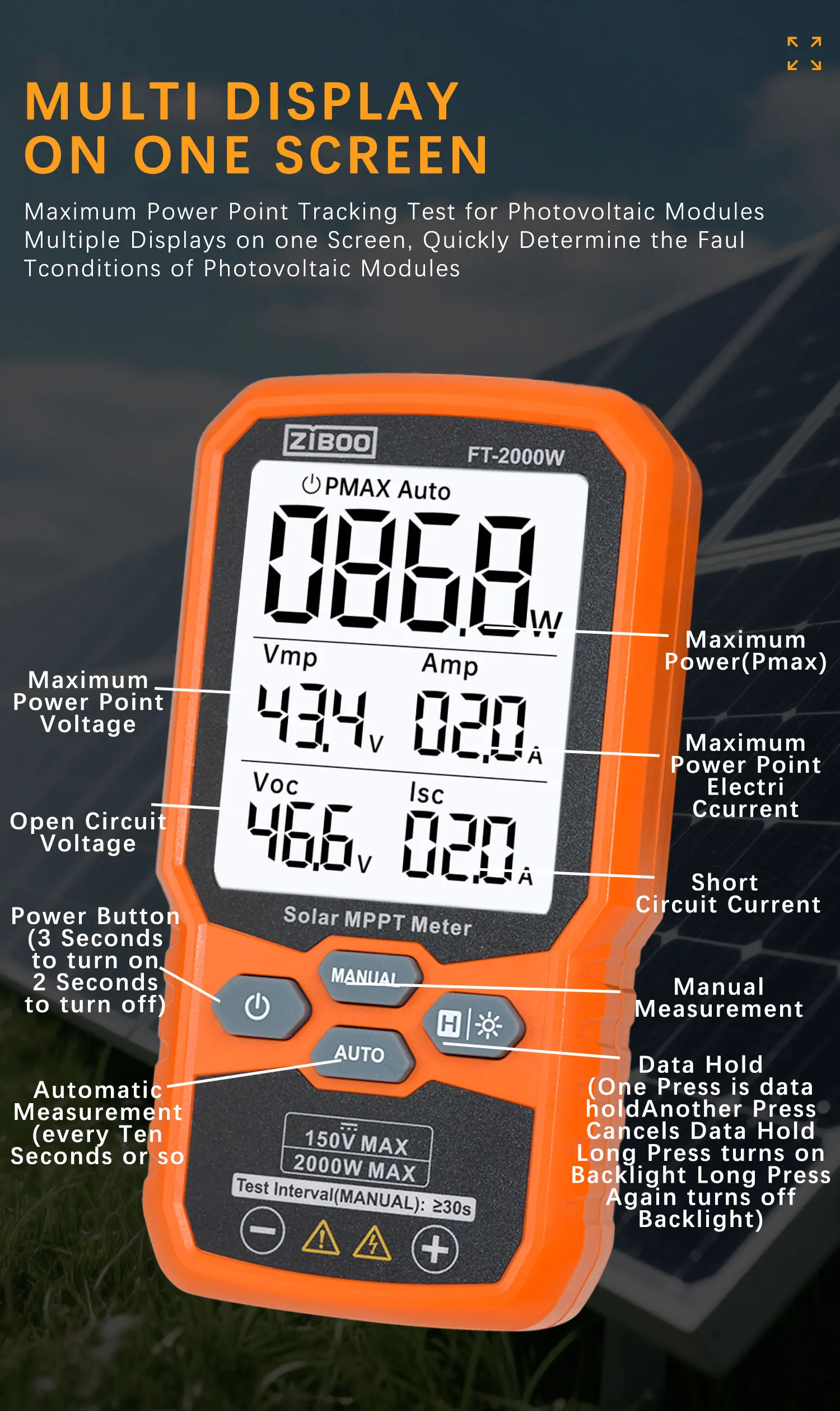 ZIBOO FT-2000W Solarpanel-Tester, MPPT-Messgerät, offener Stromkreis, Spannung und Kurzschluss, mit Hintergrundbeleuchtung und Datenspeicherung, FT-1000 W. – Detail 3