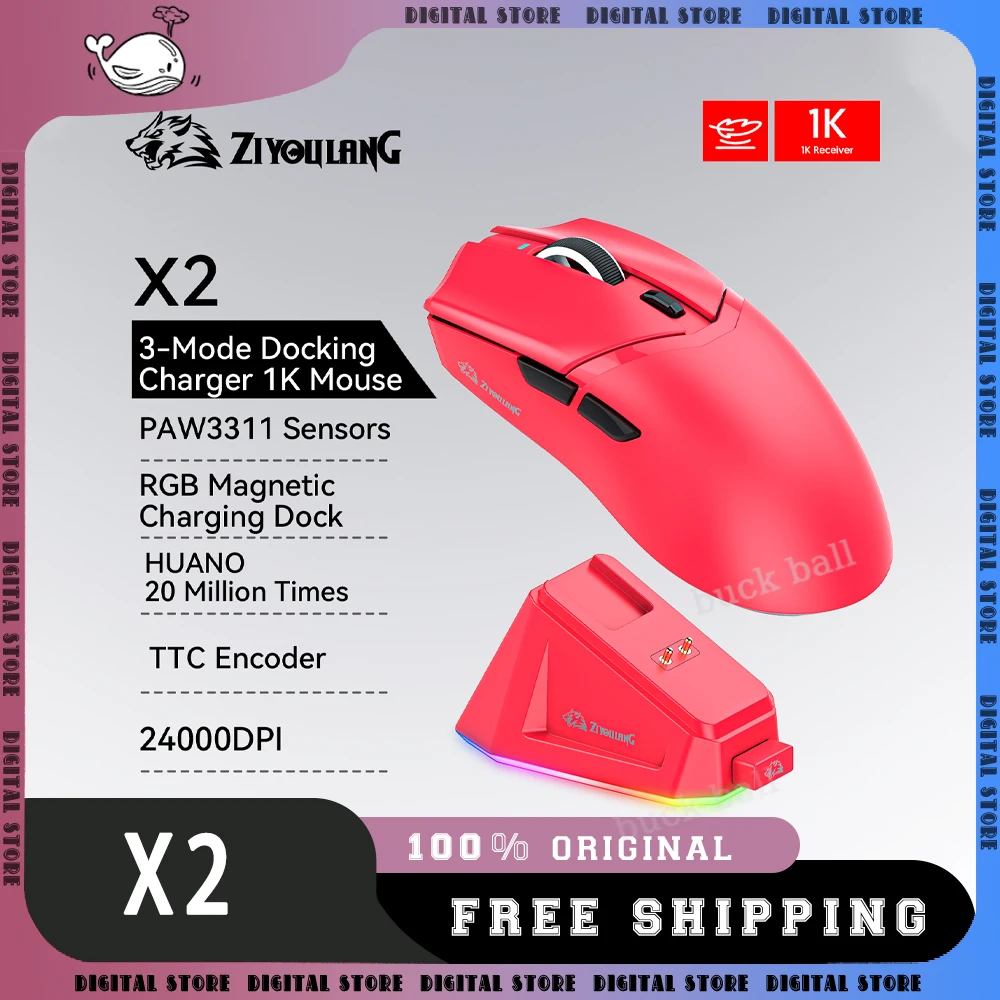 Ziyoulang X2 Mouse 3mode Wireless Mouse Gaming Mouse With Magnetic Charging Dock Lightweight Rgb Customized Esports Gamer Mouse