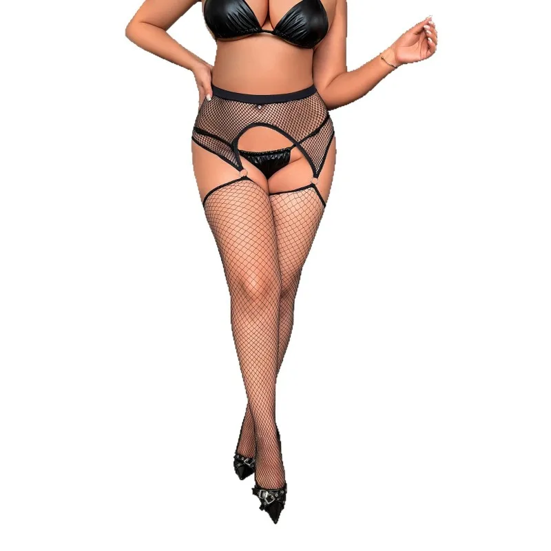 

European and American Women's Plus Size Sexy Hollow Fishing Net Socks, High Elasticity Fun Suspender Stockings
