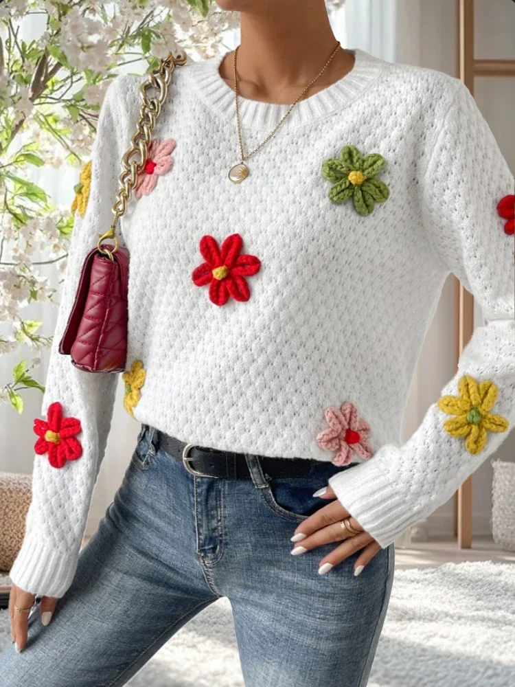 البوب المرأة الجديدة زين الأزهار التطريز طويلة الأكمام سترة البلوز أنيقة جولة الرقبة بلون قمم الخريف الشتاء الترويج #5