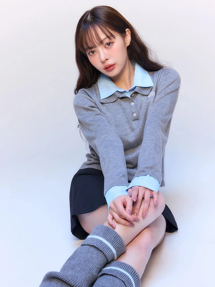 2025 Spring and Autumn Fashion Lady Japanese Style Fake Two-Piece Sweater Women's Polo Collar Knitted Long Sleeve Pullover Top