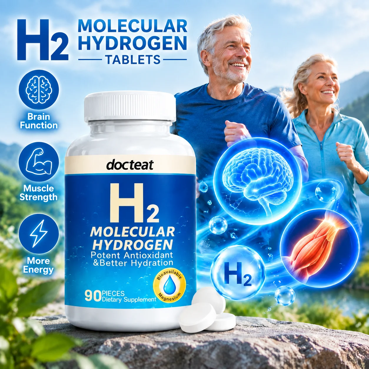 H2 Molecular Hydrogen Tablets - Boosts Brain Function & Muscle Strength | with Bioavailable Magnesium & Tartaric Acid，90 Pcs