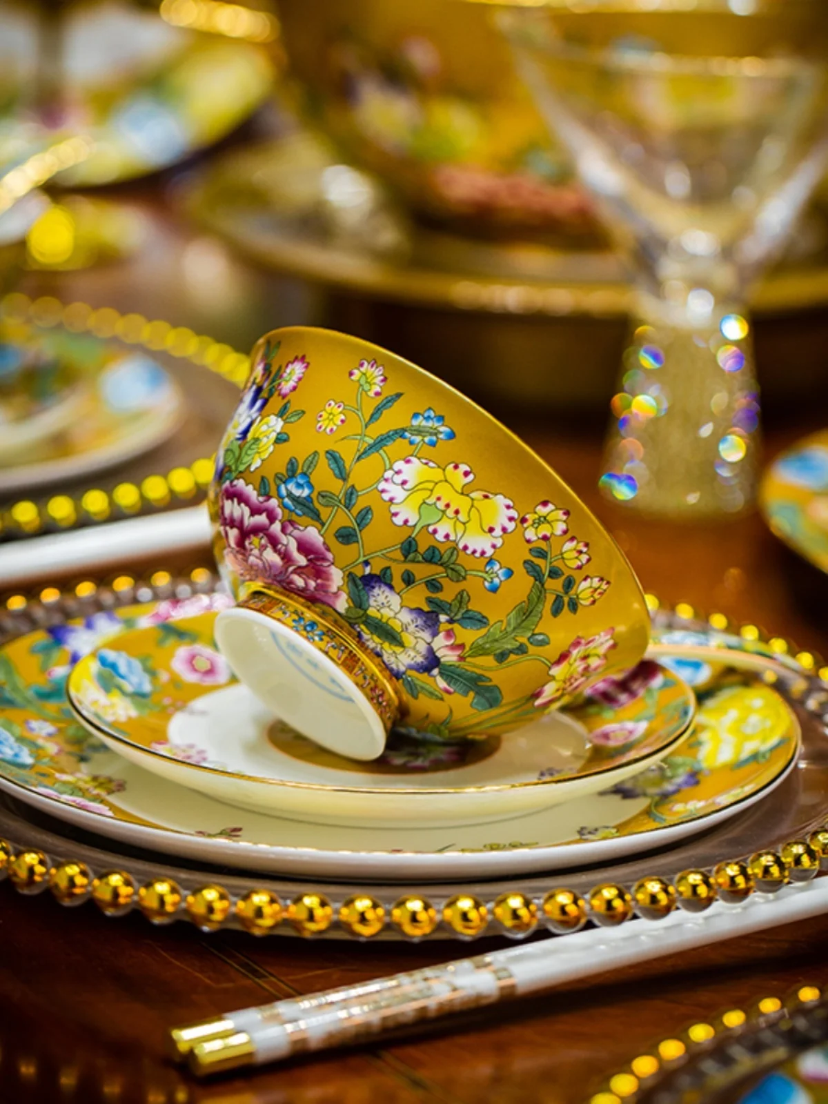 

Enamel Colored Beauty Bowl Dinner Plate Tableware Ceramic Rice Bowl Chinese High Footed Heat-resistant Bone Plate