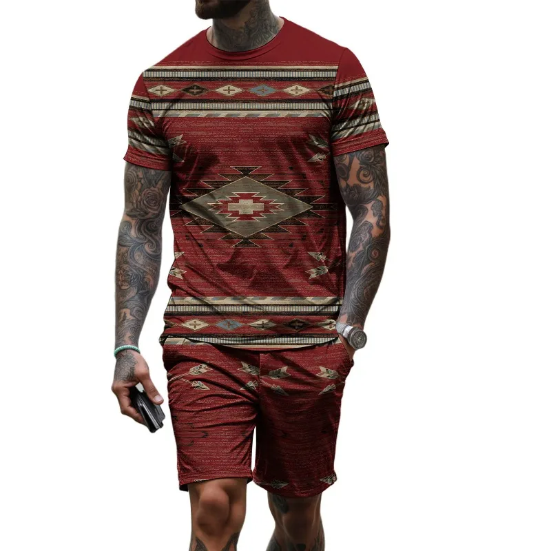 

2025 Fashion Trend Retro Ethnic T-shirt 3D Printing and Shorts Sportswear Two-piece Set Casual Outdoor Sportswear Men's Set