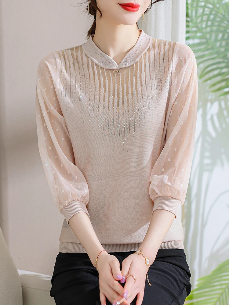 

Faionable Spring Autumn Sle Women's mid Aged And ly Summer Svel Knitwear Base irt Korean Sle round Ne