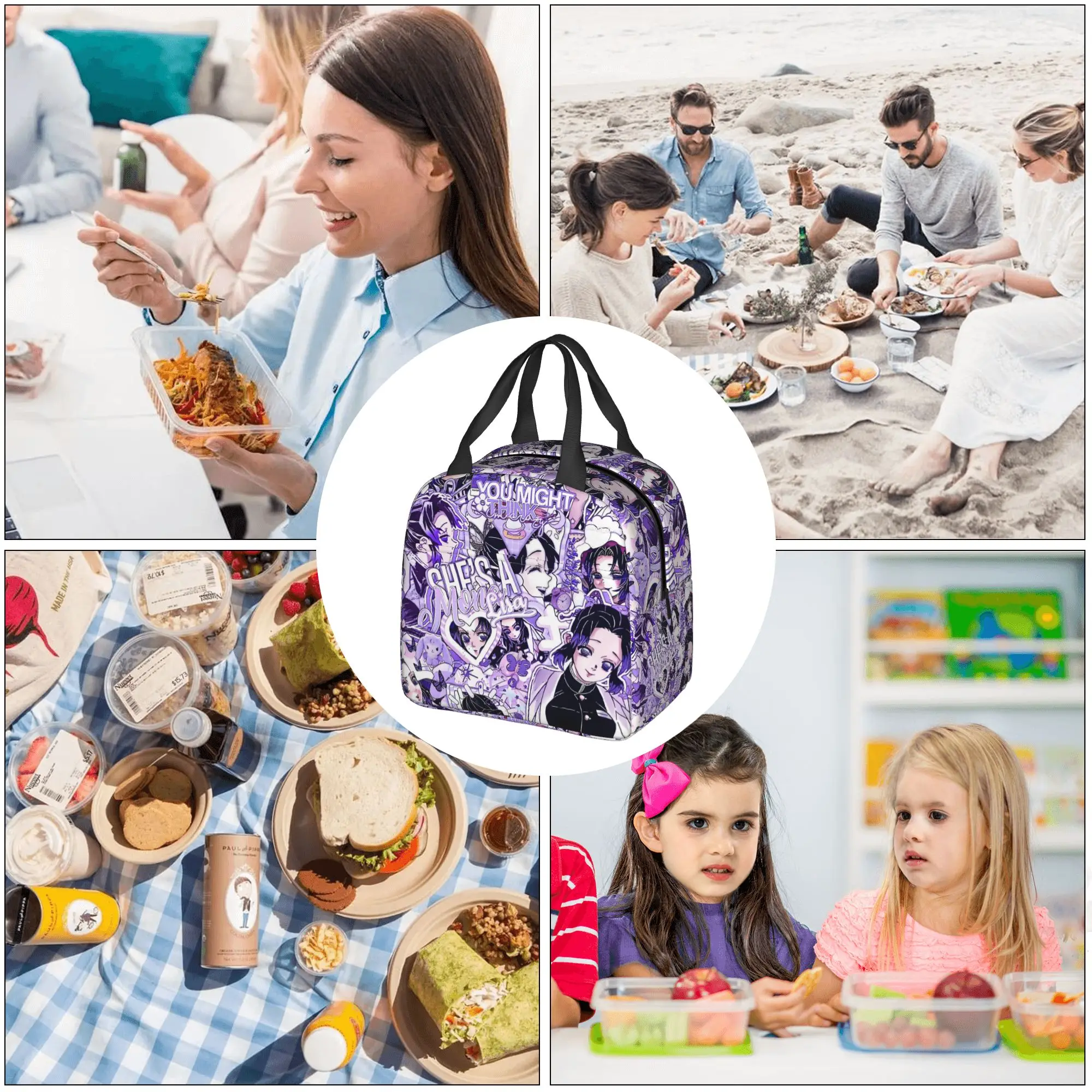 Custom Demon S-Slayer Thermal Insulated Lunch Bags Purple Shinobu Kocho Resuable Lunch Tote for Outdoor Picnic Storage Food Box view 6