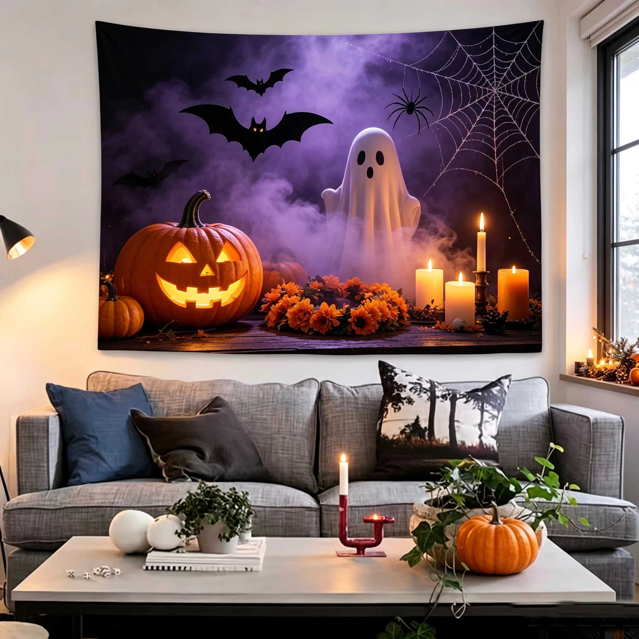 Halloween Pumpkin Ghost Tapestry Bat Spider Web Candy Background Cloth Holiday Party Bedroom Decoration Hanging Cloth