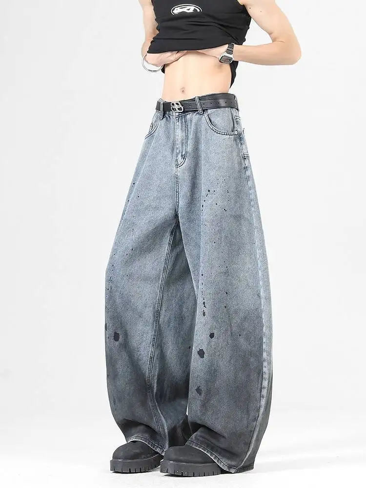 رجل الجينز 2025 الخريف جديد الرجال التدرج ترشيش الجينز ريترو الشارع فيبي منحني شفرة فضفاضة بنطال ذو قصة أرجل واسعة #4