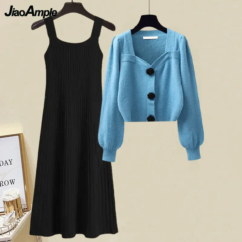 Women's Autumn Winter New in Matching Set Korean Elegant Knit Sweater Cardigan Strap Dress Two Piece Female Chic Clothing Suit