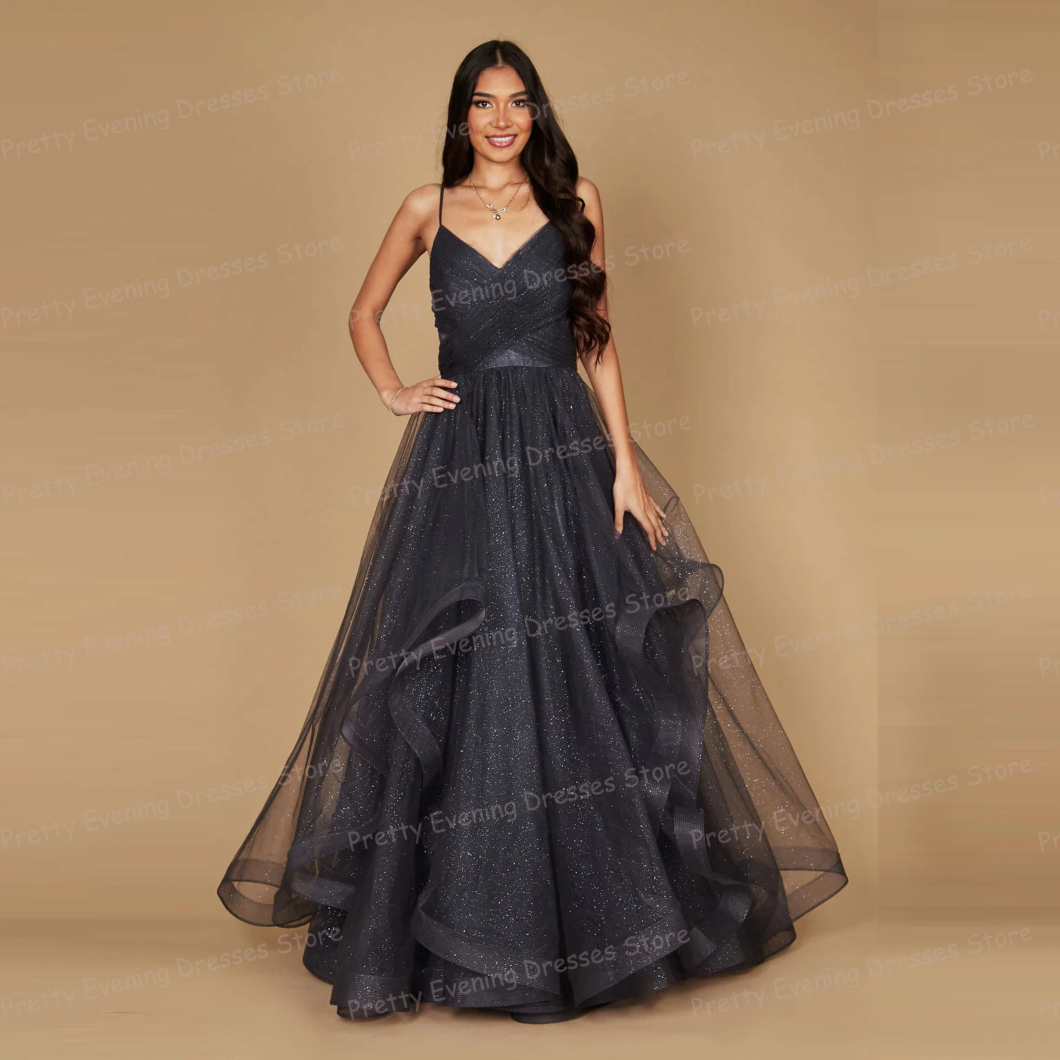 

Luxury 2025 Evening Dresses Woman's Sexy A Line Fluffy Tiered Tulle Backless Prom Gowns Sleeveless Vestidos De Fiesta Customized