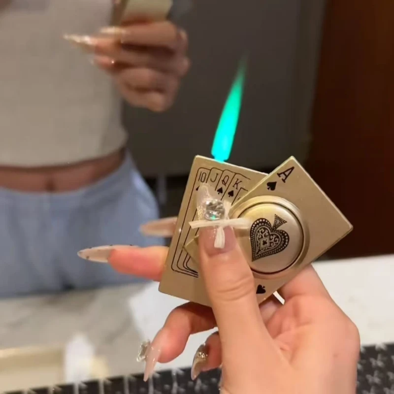 

New Metal Poker Turntable Inflatable Lighter Windproof Jet Flame Butane Fun Decompression Lighter Cigarette Accessories Gift