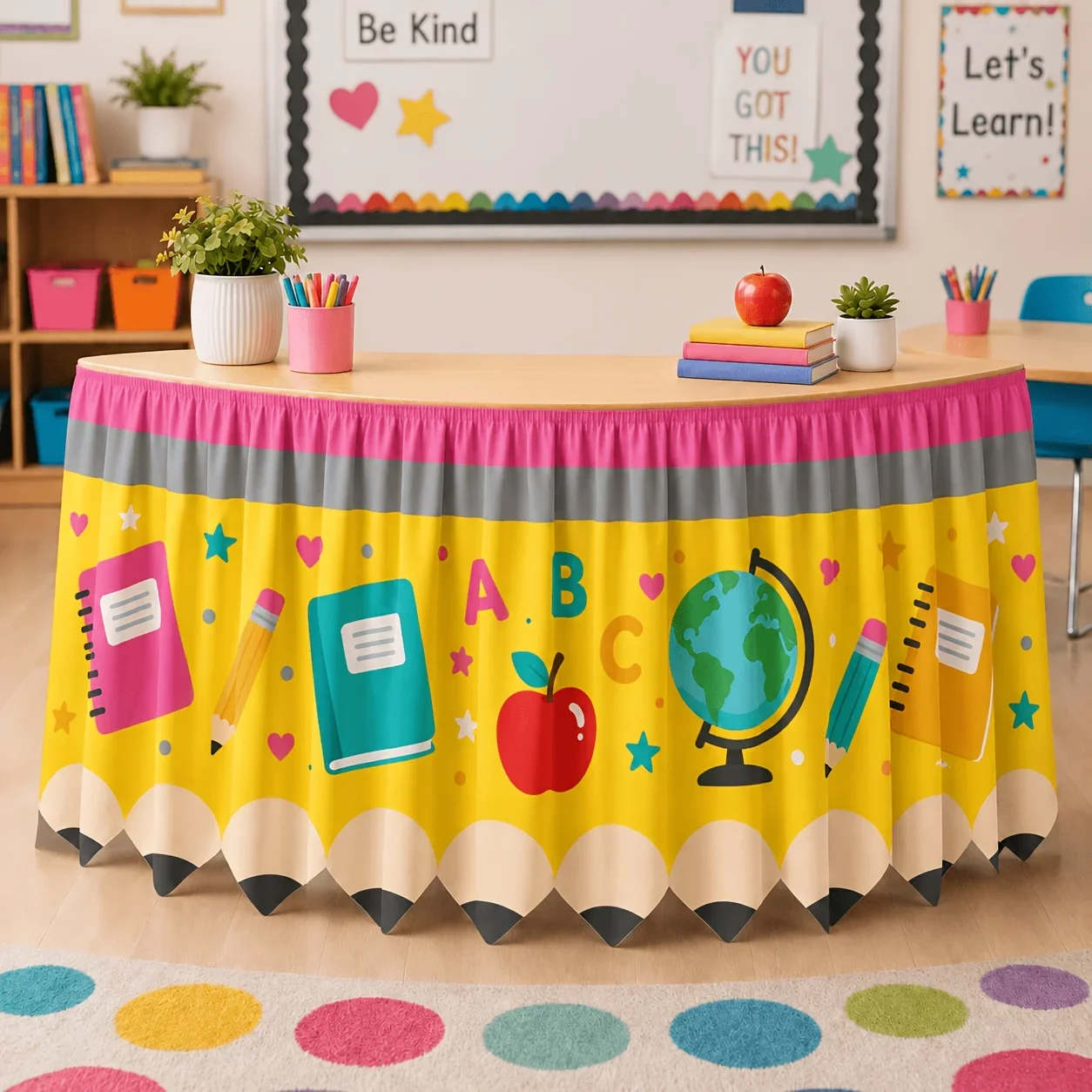 A tablecloth or table skirt, Back-to-School season, ABC notebook, Apple globe with star and heart patterns
