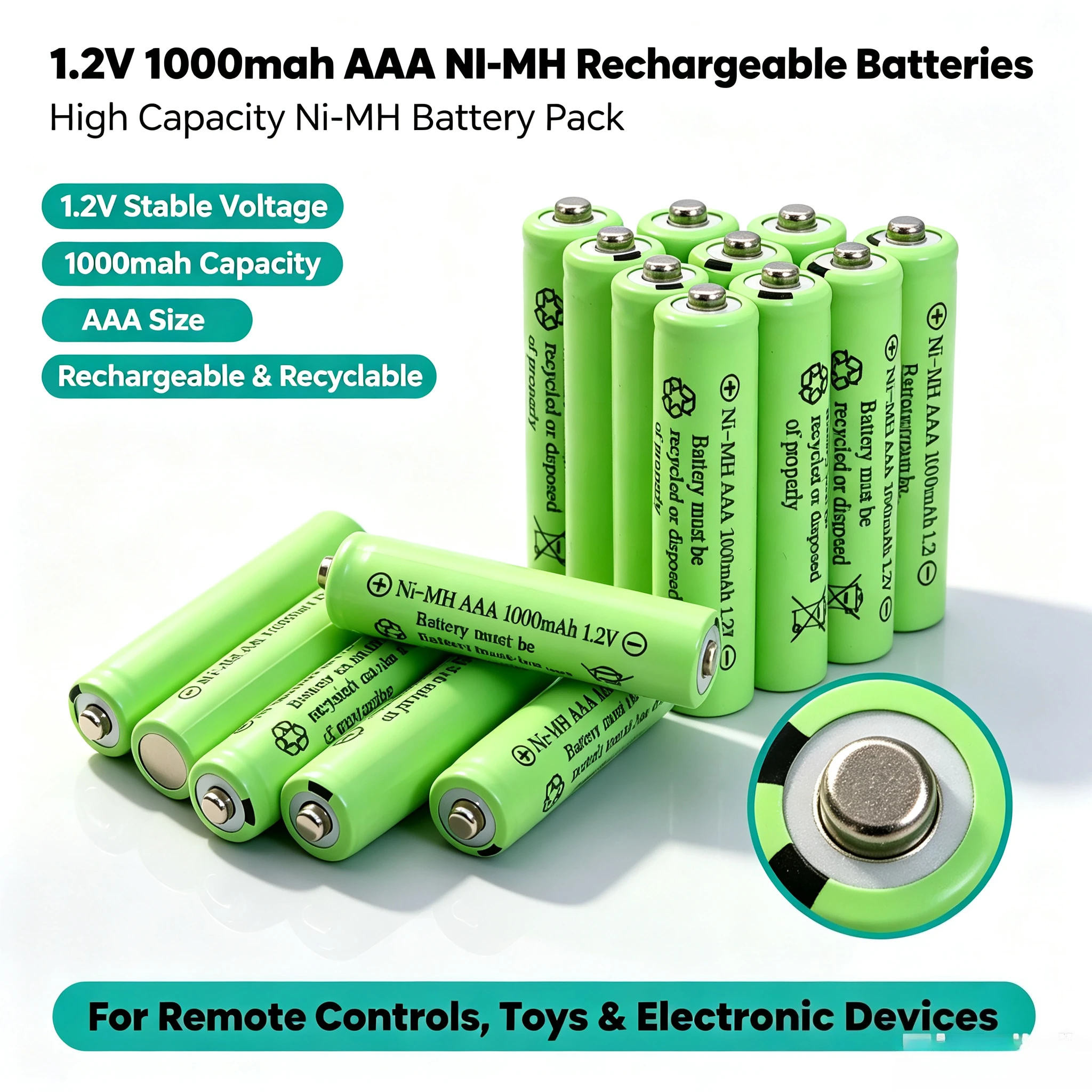 1.2V 1000mAh NI-MH Rechargeable AAA Batteries, Long Lasting for Remote Control Car, RC Toy, Solar Light, Mouse, Electronic Toys