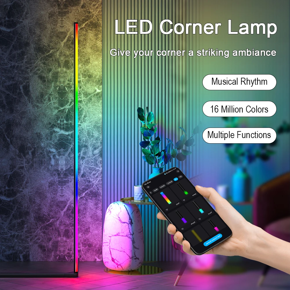 Luz decorativa de Ambiente de piso LED RGB, solo se puede regular y controlar por aplicación Bluetooth para luces de pie de esquina interiores