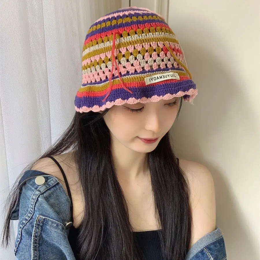 

Cotton Crochet Thread Striped Panam Hat Lace Tassel Fisherman Hat Female Designer Style Casual 2023 Autumn Knitted Basin Caps