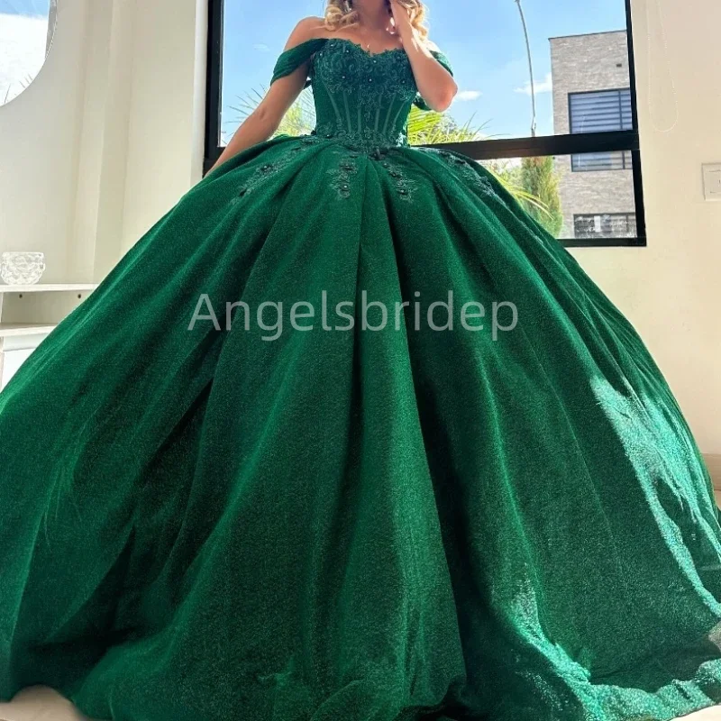 Angelsbridep Glitter Tulle Emerald Green Ball Gown Quinceanera Dresses 2025 Vestidos De Festa Appliques Brithday Party Gown