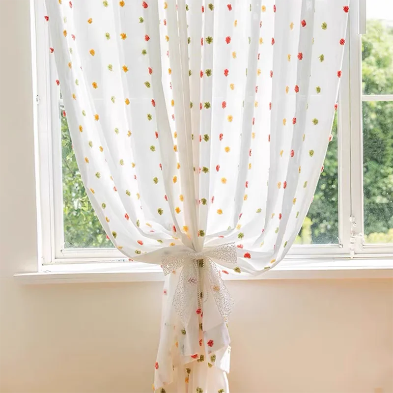 Boho Chic Pom-Pom Sheer Curtains Colorful 3D Floral Tufted Design Rod Pocket Window Drapes for Kids Bedroom Living Room Decor