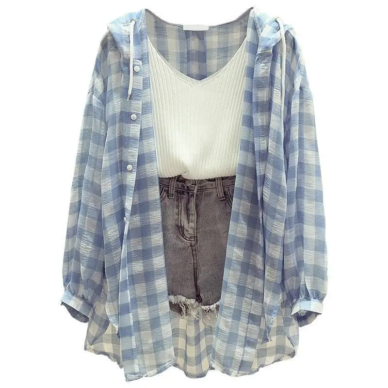 Plaid Hooded Shirt Women Tops Sunscreen Clothing Sport Jacket Korea Versatile Lattice Summer Design Loose Sunscreen Cardigan