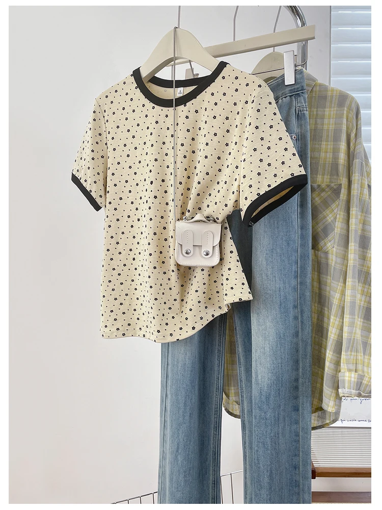 Summer Floral Print T-Shirt Women's Shoulder Length Casual Comfortable Cotton Blend Breathable Fashionable round Neck Top