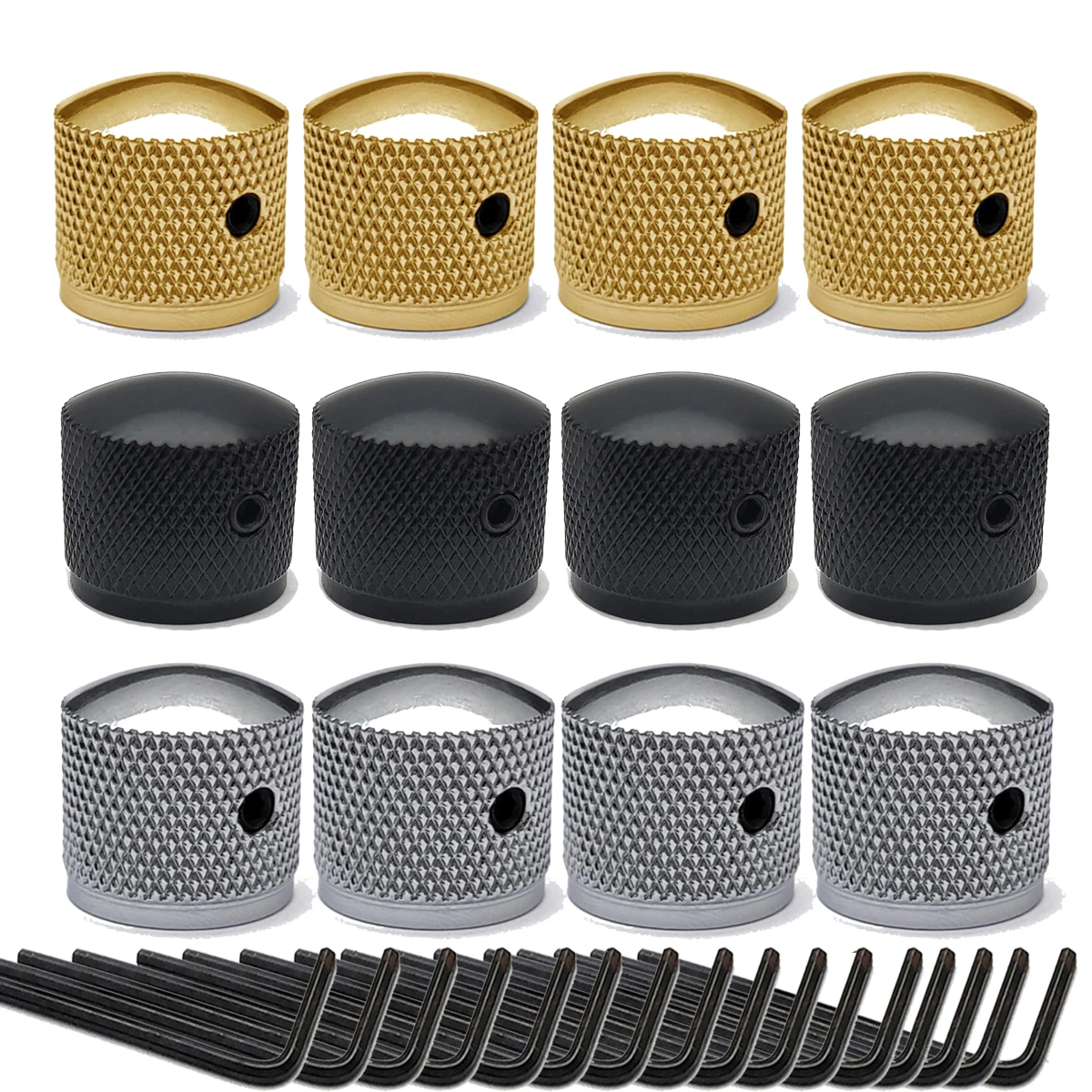 Boutons de commande de guitare en métal 4 pièces-Chrome/noir/or | Conception hexagonale de verrouillage avec clé | Capuchons de potentiomètre pour guitare/basse