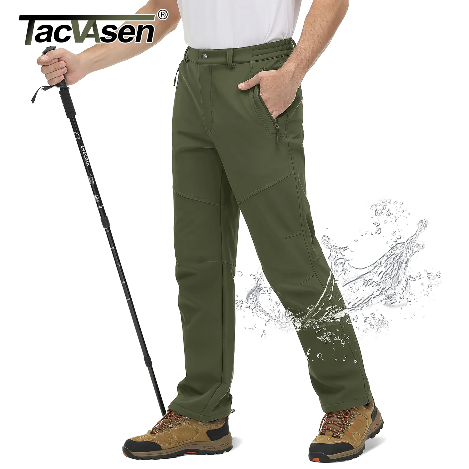 TACVASEN Fleece Lining Water Resistance Pants Men's Cargo Work Pants Thicken Winter Outdoor Ski Snowboard Trousers Zipper Pocket